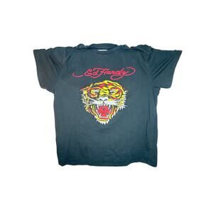Ed Hardy Women’s L Black Graphic Tee Tiger Head Red Script Y2K Vintage Style
